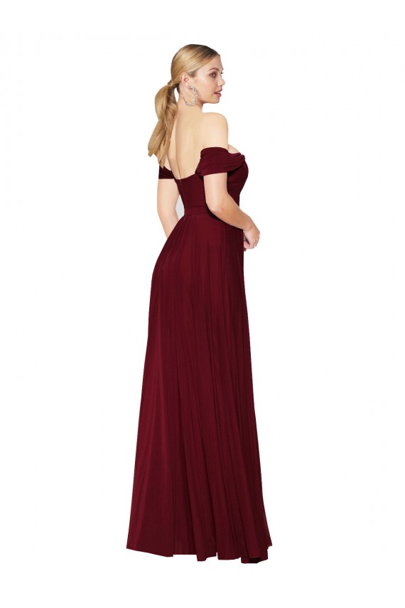 Shop Off the Shoulder Soft Chiffon Sleeveless Long Burgundy Evening Dress UK